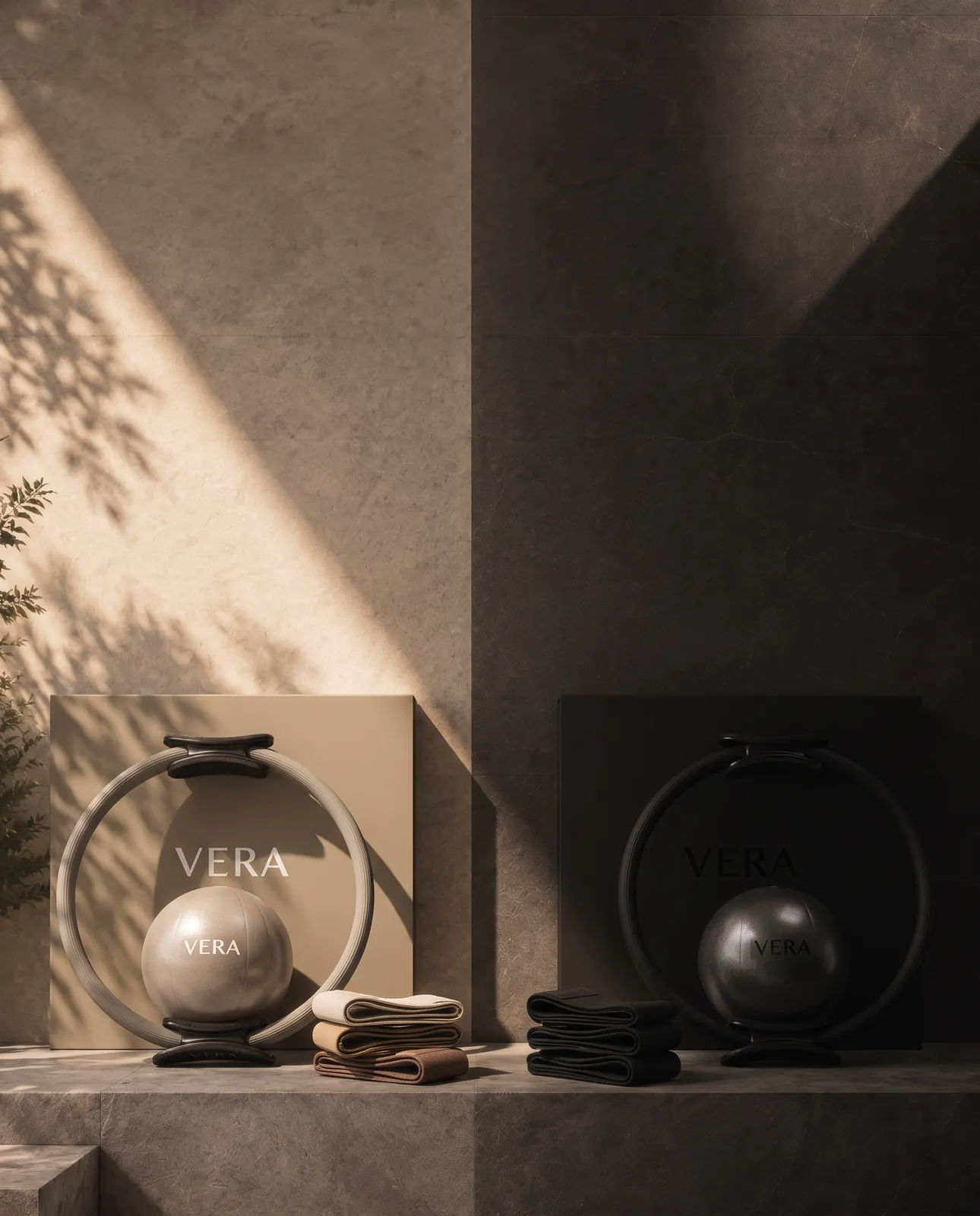 DUNE and NOIR side by side: Pilates rings, balls and resistance bands in beige and black.
